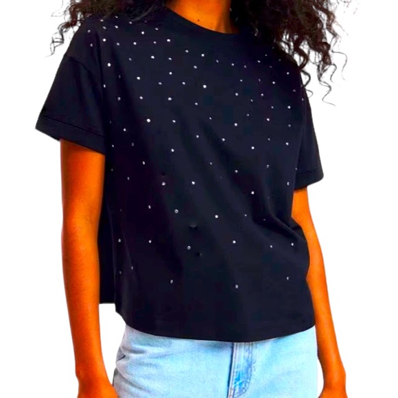 Wild Fable Black Boxy Cropped Embellished Crystal Front Top, Size Medium - Picture 1 of 9